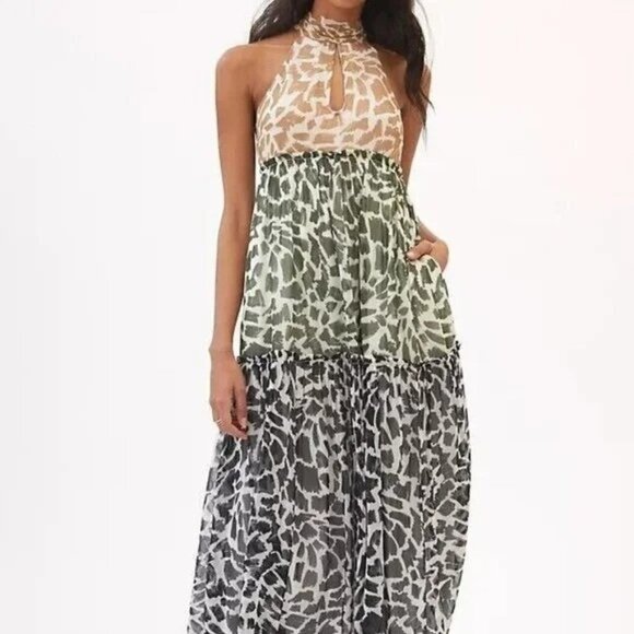 Anthropologie Maeve Keyhole Animal Print Halter Maxi Dress Tiered Large Boho - Picture 10 of 11